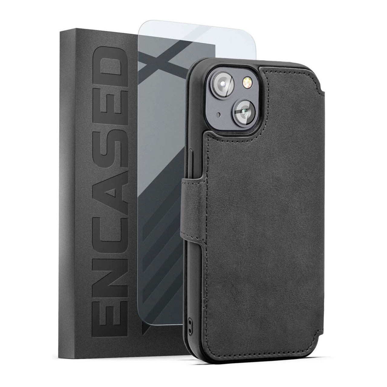 Encased Leather Folio Wallet Case with Screen Protector iPhone 14 - Grey