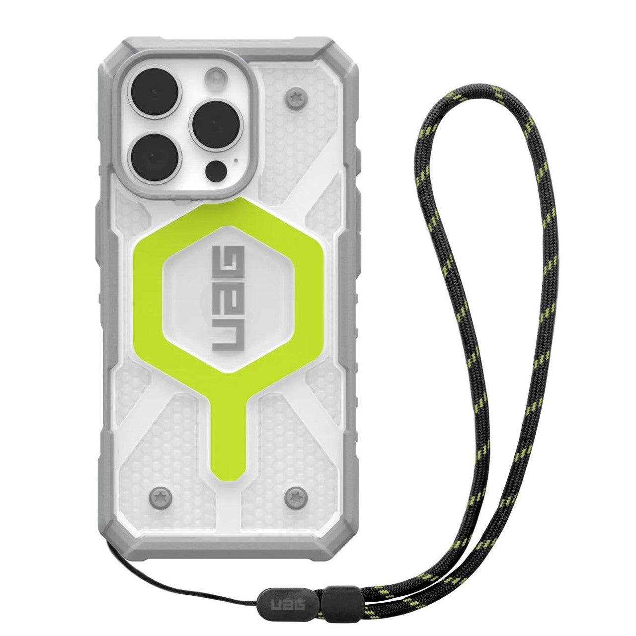 UAG Pathfinder Clear Magsafe Case iPhone 16 Pro + Black Neon Lanyard - Active Neon