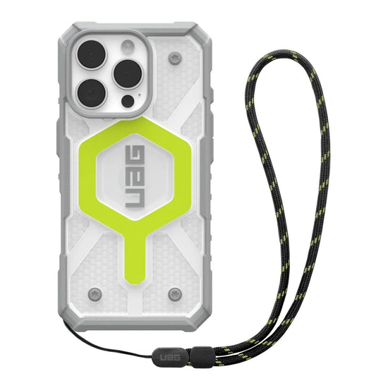 UAG Pathfinder Clear Magsafe Case iPhone 16 Pro + Black Neon Lanyard - Active Neon