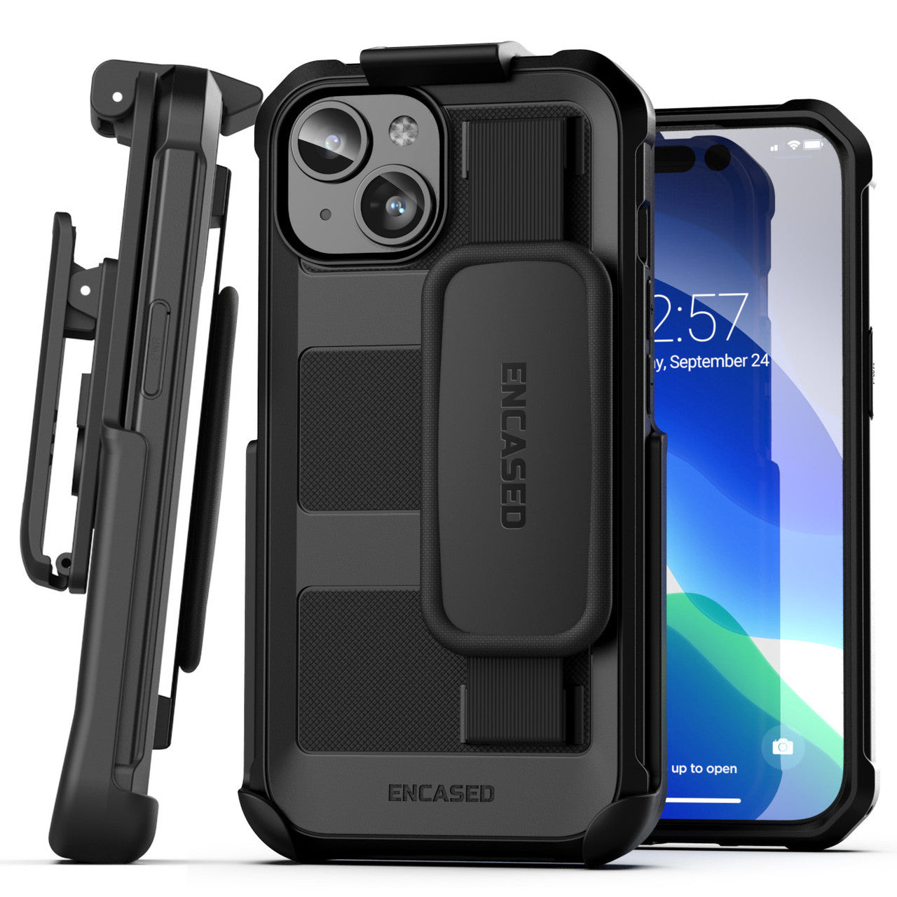 Encased Falcon Case iPhone 15 with Hand Strap and Belt Clip Holster - Black
