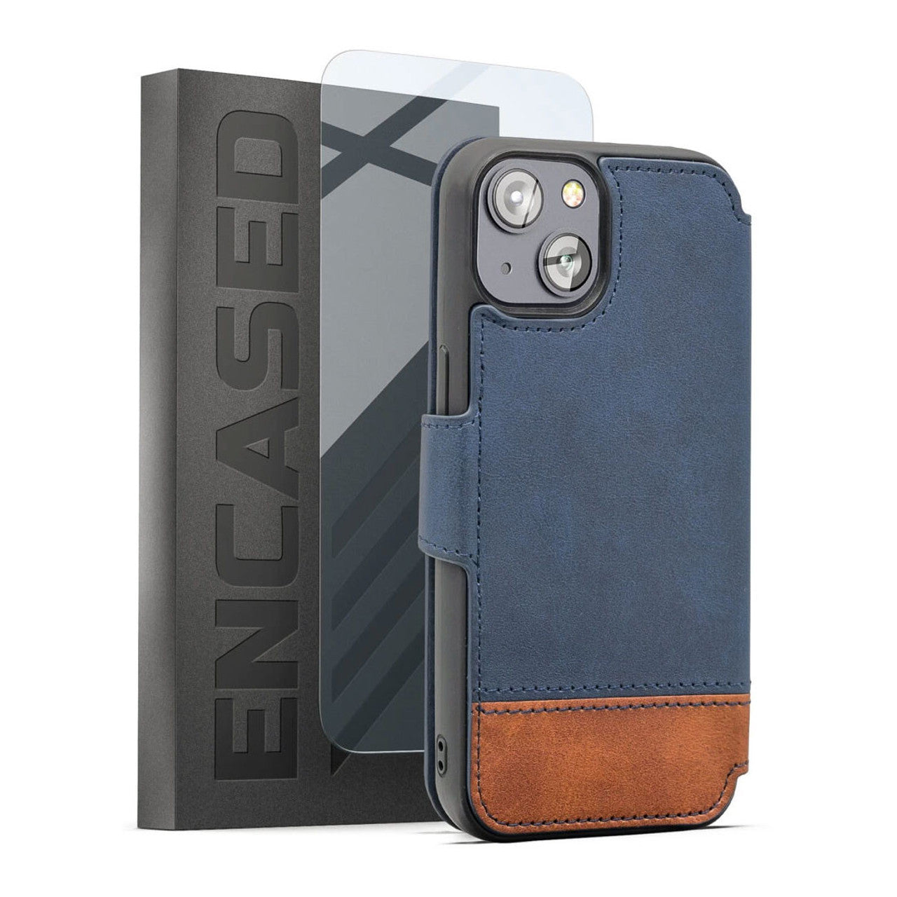 Encased Leather Folio Wallet Case with Screen Protector iPhone 14 - Blue/Brown
