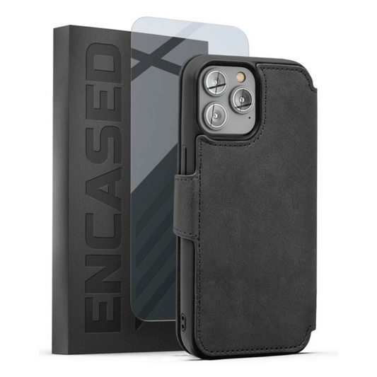 Encased Leather Folio Wallet Case with Screen Protector iPhone 14 Pro Max - Grey