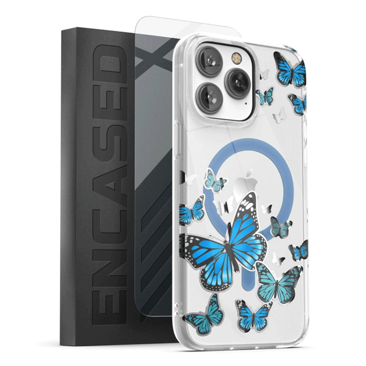 Encased Lexion MagSafe Case with Screen Protector iPhone 14 Pro Max - Silver Blue Butterfly