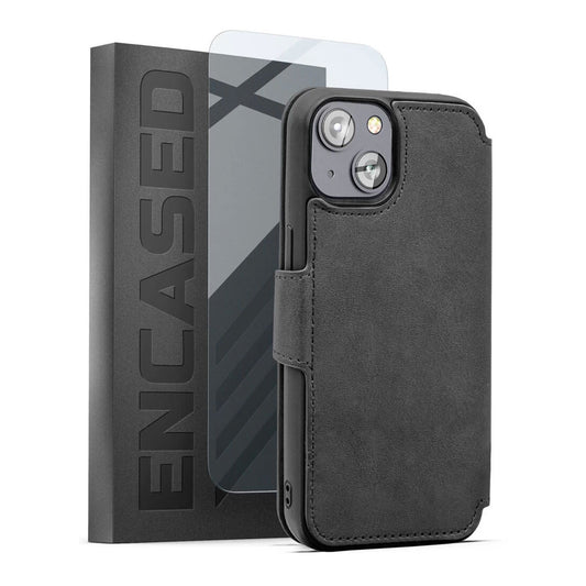 Encased Leather Folio Wallet Case with Screen Protector iPhone 14 - Grey