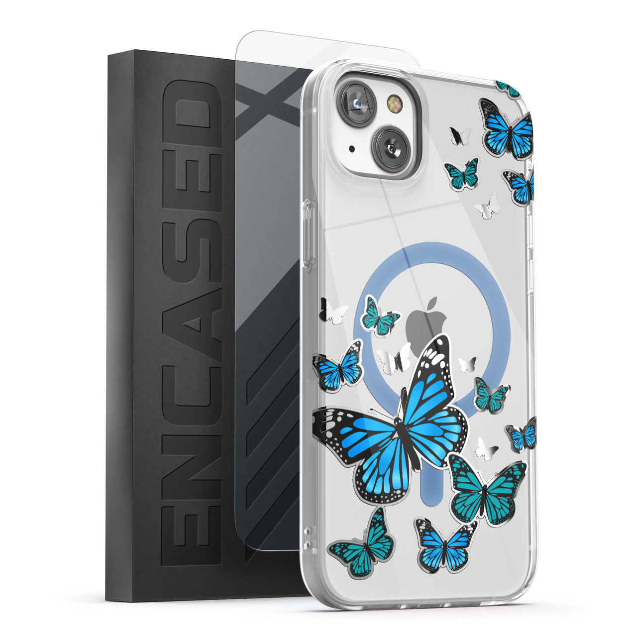 Encased Lexion MagSafe Case with Screen Protector iPhone 14 - Silver Blue Butterfly