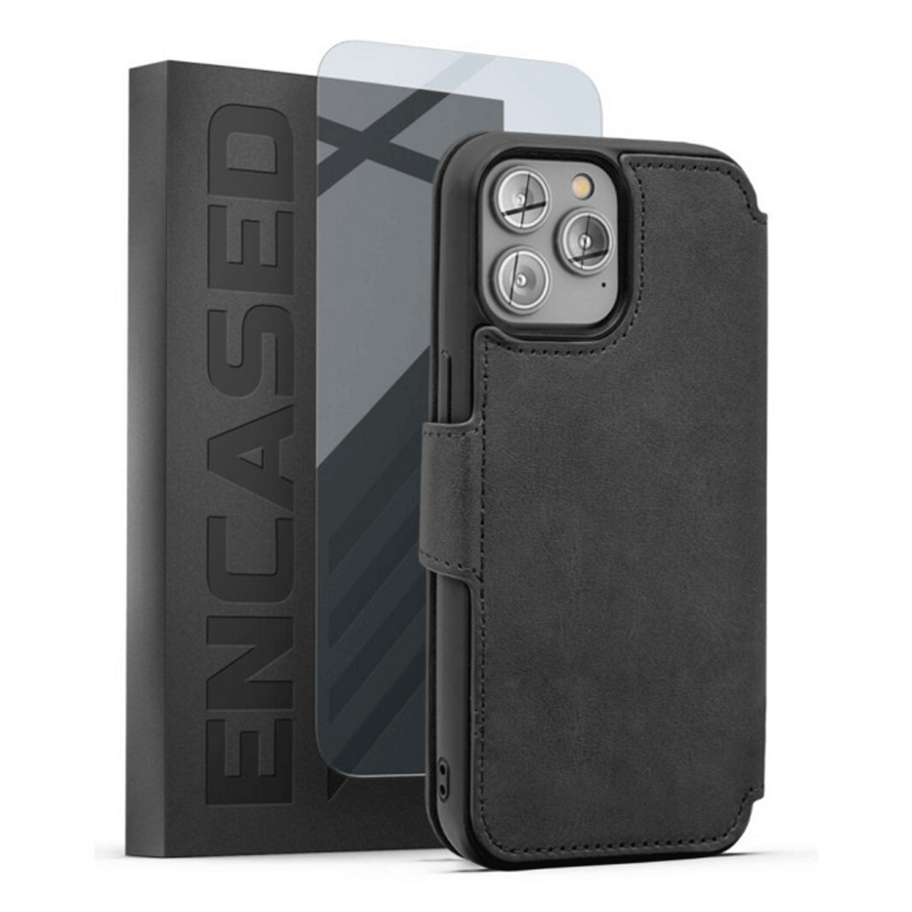 Encased Leather Folio Wallet Case with Screen Protector iPhone 14 Pro Max - Grey