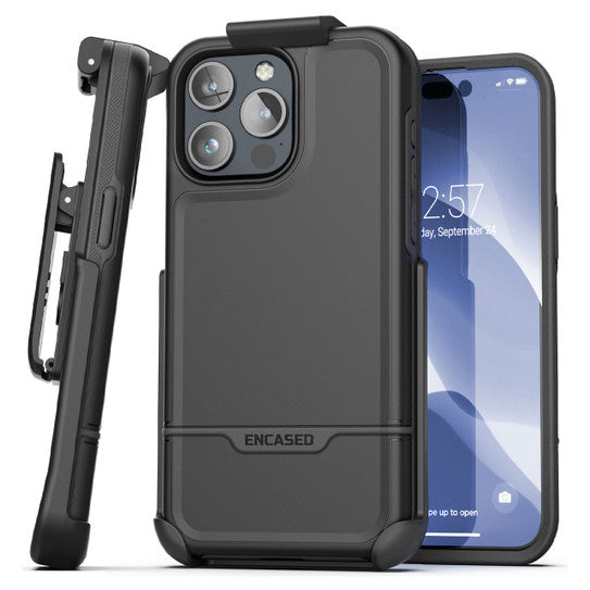 Encased Rebel Case iPhone 15 Pro Max with Belt Clip Holster - Black