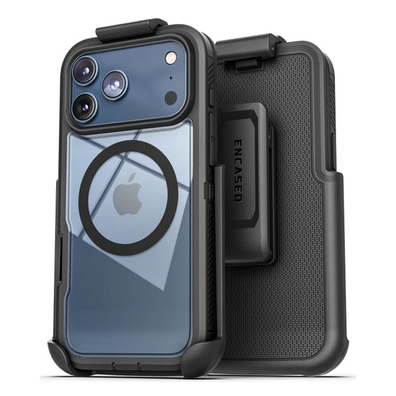 Encased Voyager Case iPhone 17 Pro Max with Belt Clip Holster - Black/Clear