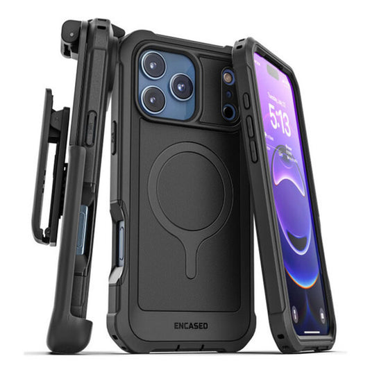 Encased Falcon Shield Case iPhone 17 Pro with Belt Clip Holster and Built-In PET Screen Protector - Black