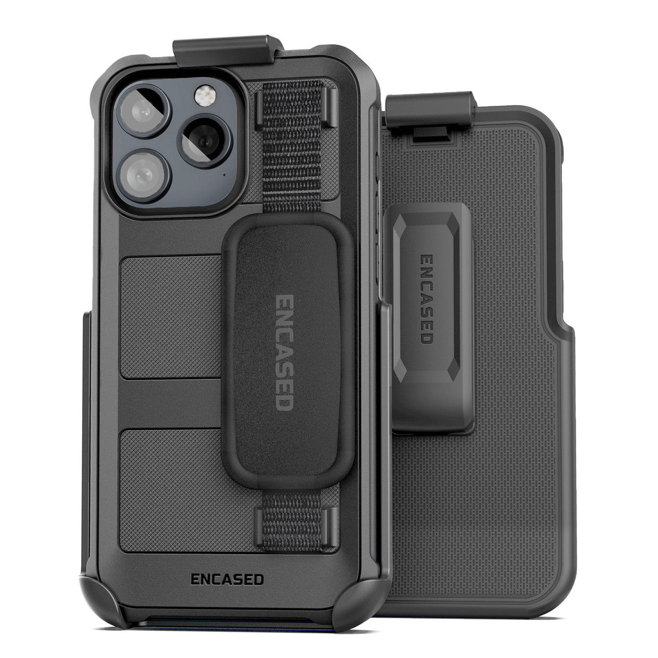Encased Falcon Case iPhone 15 Pro Max with Hand Strap and Belt Clip Holster - Black