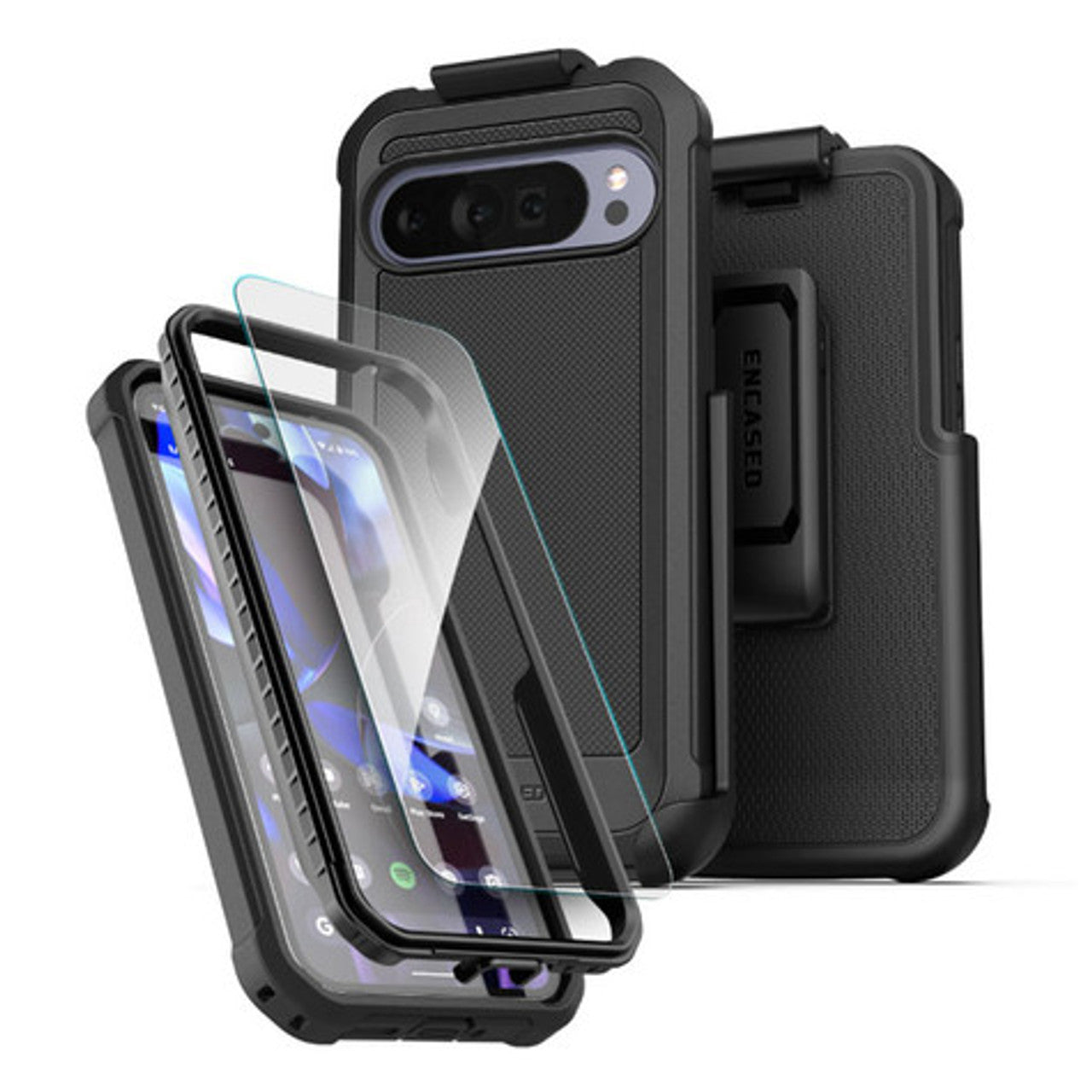Encased Falcon Case with Belt Clip Holster & HD Screen Protector Google Pixel 10/10 Pro - Black